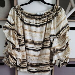 Patrizia Luca Beige and Black Ruffle Sleeve Blouse